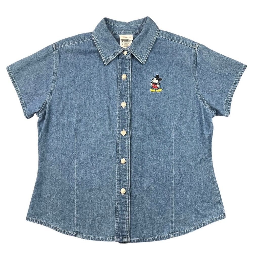 Disney Store Y2K Mickey Mouse Embroidered Denim Button Front Shirt Cotton - M